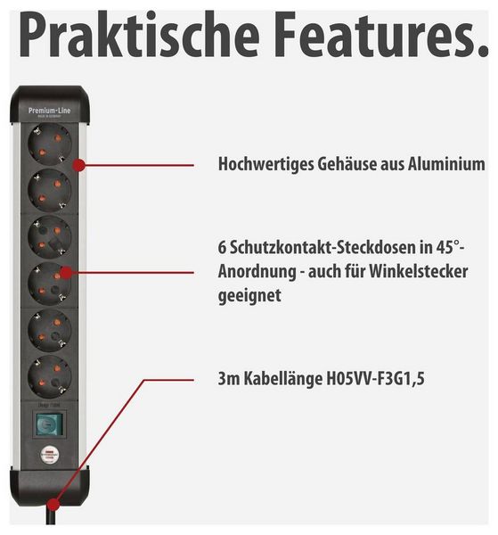 Produktbild: Brennenstuhl 1391030600 Steckdosenleiste mit Schalter Silber, Schwarz Schutzkontakt 1St.