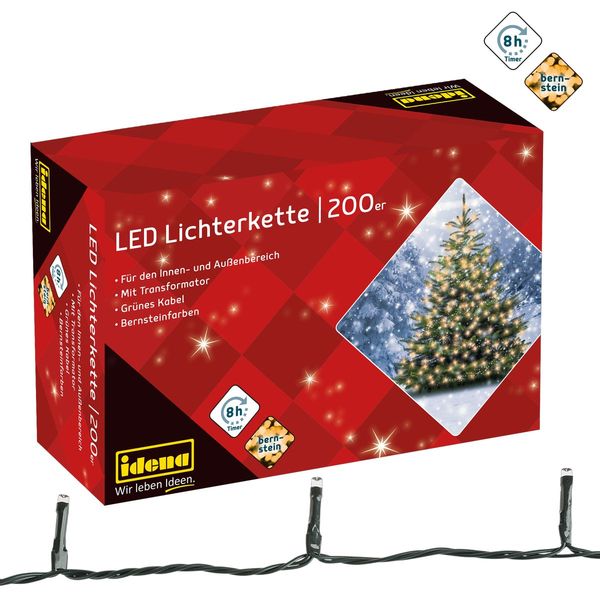 Idena Lichterkette 200 LED bernsteinfarben 8h Timer 27,9m