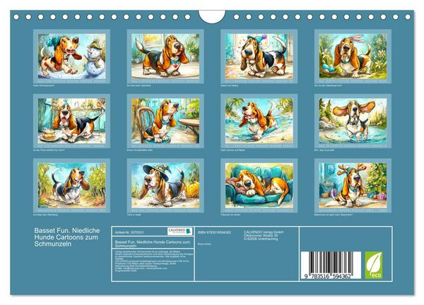 Produktbild: Basset Fun. Niedliche Hunde Cartoons zum Schmunzeln (Wandkalender 2026 DIN A4 quer), CALVENDO Monatskalender