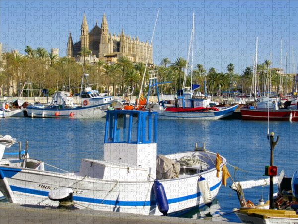 Produktbild: CALVENDO Puzzle Fischerhafen Palma mit Kathedrale | 1000 Teile Lege-Gr&ouml;&szlig;e 64x48cm Foto-Puzzle f&uuml;r gl&uuml;ckliche Stunden