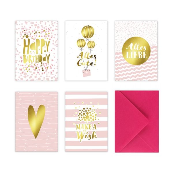 5 Geburtstagskarten im Set inkl. Umschläge in pink. Rosa Glückwunschkarten zum in DIN A6 mit edler Folienprägung in Gold. Klappkarten zum Geburtstag,