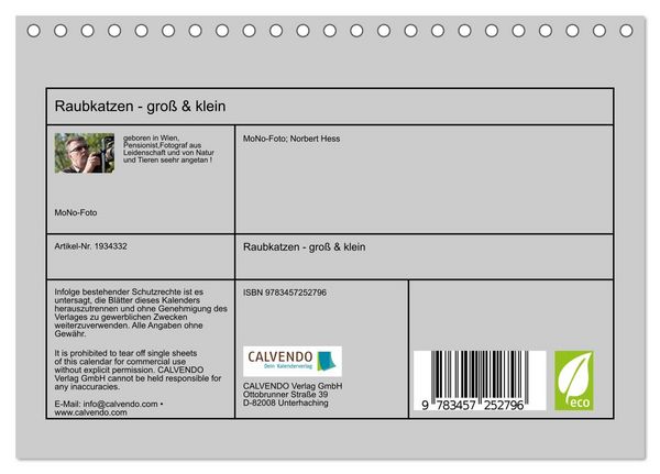Produktbild: Raubkatzen - gro&szlig; & klein (Tischkalender 2026 DIN A5 quer), CALVENDO Monatskalender