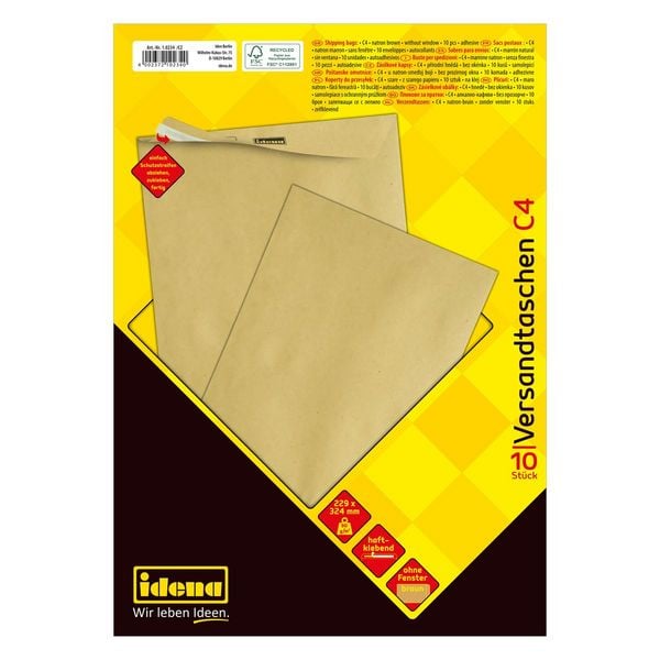 Produktbild: Idena Versandtaschen ohne Fenster haftklebend 90g/m&sup2; braun DIN C4 10 St&uuml;ck