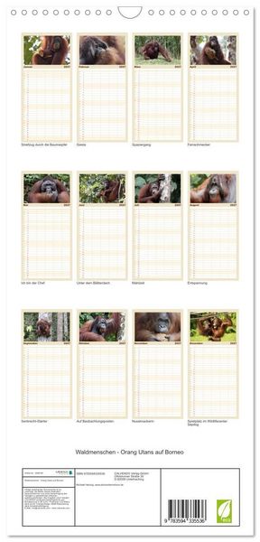 Produktbild: Familienplaner 2027 - Waldmenschen - Orang Utans auf Borneo mit 5 Spalten (Wandkalender, 21 x 45 cm) CALVENDO
