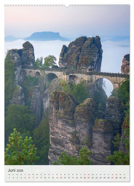Produktbild: Bastei und Lilienstein - Unterwegs an zwei m&auml;rchenhaften Orten in der S&auml;chsischen Schweiz (hochwertiger Premium Wandkalender 2026 DIN A2 hoch), Kunstdruck in Hochglanz