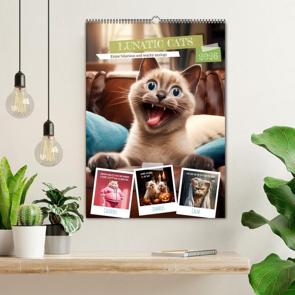 Produktbild: LUNATIC CATS Enjoy hilarious and wacky sayings (Wall Calendar 2026 DIN A2 portrait), CALVENDO 12 Month Wall Calendar