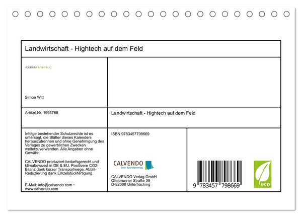 Produktbild: Landwirtschaft - Hightech auf dem Feld (Tischkalender 2026 DIN A5 quer), CALVENDO Monatskalender