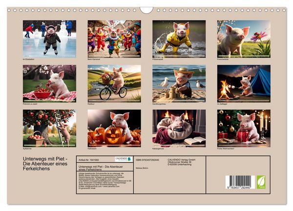 Produktbild: Unterwegs mit Piet - Die Abenteuer eines Ferkelchens (Wandkalender 2026 DIN A3 quer), CALVENDO Monatskalender