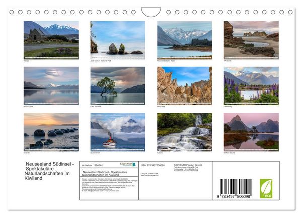 Produktbild: Neuseeland S&uuml;dinsel - Spektakul&auml;re Naturlandschaften im Kiwiland (Wandkalender 2026 DIN A4 quer), CALVENDO Monatskalender