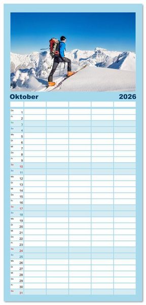 Produktbild: Familienplaner 2026 - Skimountaineering - Erobere die Berge im Winter mit 5 Spalten (Wandkalender, 21 x 45 cm) CALVENDO