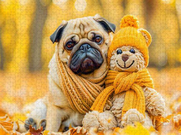 Produktbild: CALVENDO Puzzle Mops und Pl&uuml;schtierkumpel im Herbst. | 1000 Teile Lege-Gr&ouml;&szlig;e 64x48cm Foto-Puzzle f&uuml;r gl&uuml;ckliche Stunden