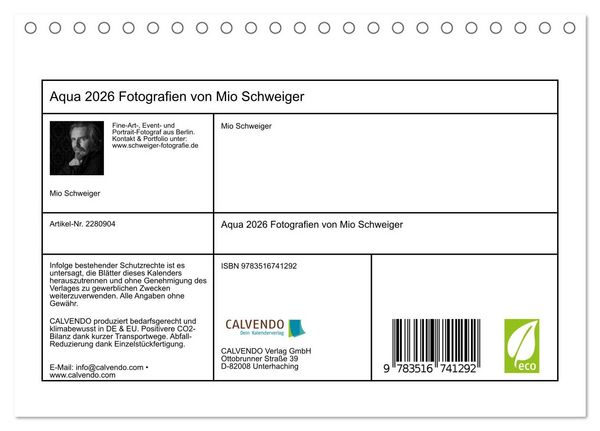 Produktbild: Aqua 2026 Fotografien von Mio Schweiger (Tischkalender 2026 DIN A5 quer), CALVENDO Monatskalender