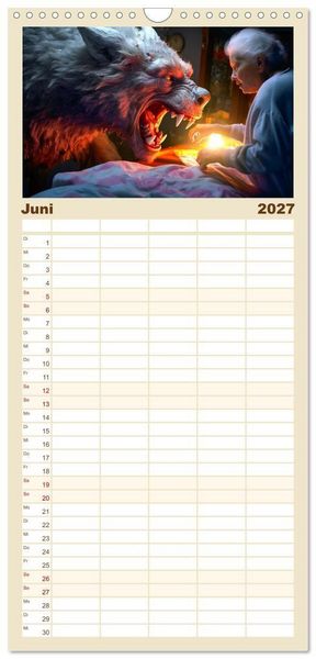 Produktbild: Familienplaner 2027 - Rotk&auml;ppchen und der Wolf mit 5 Spalten (Wandkalender, 21 x 45 cm) CALVENDO
