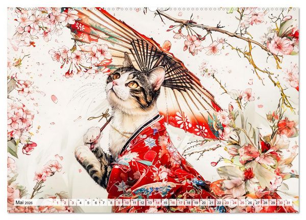 Produktbild: Geisha-Katzen - Mit Bl&uuml;ten, Schirm und Bambus im Japanstil (hochwertiger Premium Wandkalender 2026 DIN A2 quer), Kunstdruck in Hochglanz