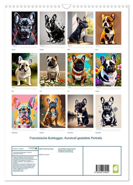 Produktbild: Franz&ouml;sische Bulldoggen. Kunstvoll gestaltete Portraits (Wandkalender 2026 DIN A3 hoch), CALVENDO Monatskalender