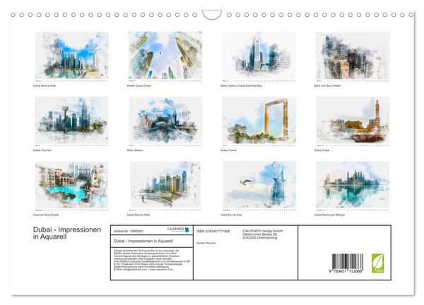 Produktbild: Dubai - Impressionen in Aquarell (Wandkalender 2026 DIN A3 quer), CALVENDO Monatskalender
