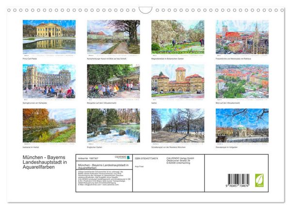 Produktbild: M&uuml;nchen - Bayerns Landeshauptstadt in Aquarellfarben (Wandkalender 2026 DIN A3 quer), CALVENDO Monatskalender