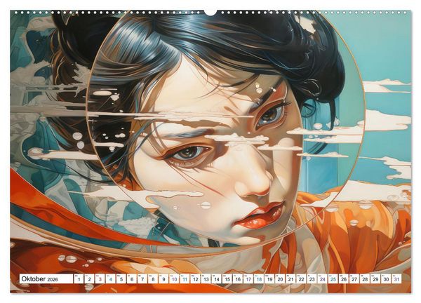 Produktbild: Surrealismus trifft asiatisch anmutende Gesichter (hochwertiger Premium Wandkalender 2026 DIN A2 quer), Kunstdruck in Hochglanz