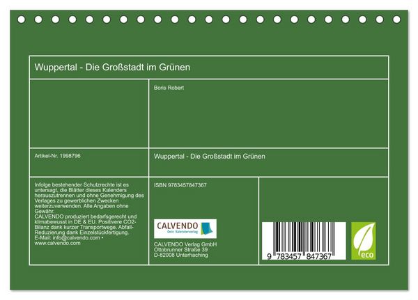 Produktbild: Wuppertal - Die Gro&szlig;stadt im Gr&uuml;nen (Tischkalender 2026 DIN A5 quer), CALVENDO Monatskalender