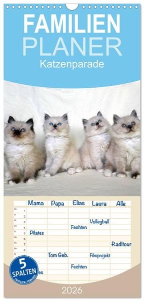 Produktbild: Familienplaner 2026 - Katzenparade mit 5 Spalten (Wandkalender, 21 x 45 cm) CALVENDO