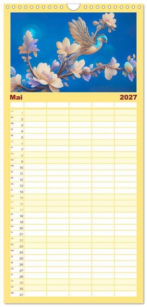 Produktbild: Familienplaner 2027 - Zauberhafte Paradiesv&ouml;gel mit 5 Spalten (Wandkalender, 21 x 45 cm) CALVENDO