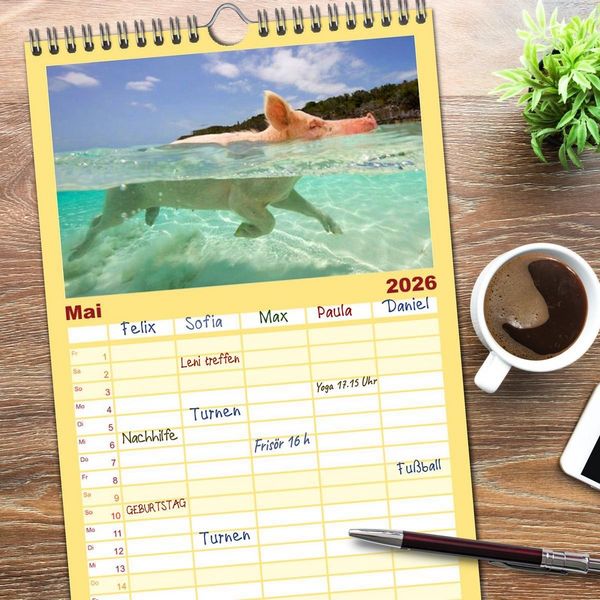 Produktbild: Familienplaner 2026 - Schweine im Dauerurlaub auf den Bahamas! mit 5 Spalten (Wandkalender, 21 x 45 cm) CALVENDO