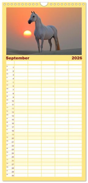 Produktbild: Familienplaner 2026 - Bezaubernde Eleganz wei&szlig;er Pferde mit 5 Spalten (Wandkalender, 21 x 45 cm) CALVENDO