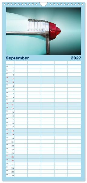 Produktbild: Familienplaner 2027 - US Klassiker Farbenfrohe Heckansichten mit 5 Spalten (Wandkalender, 21 x 45 cm) CALVENDO