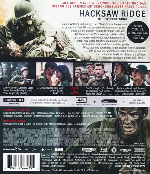 Produktbild: Hacksaw Ridge (4K Ultra HD) (+ Blu-ray)