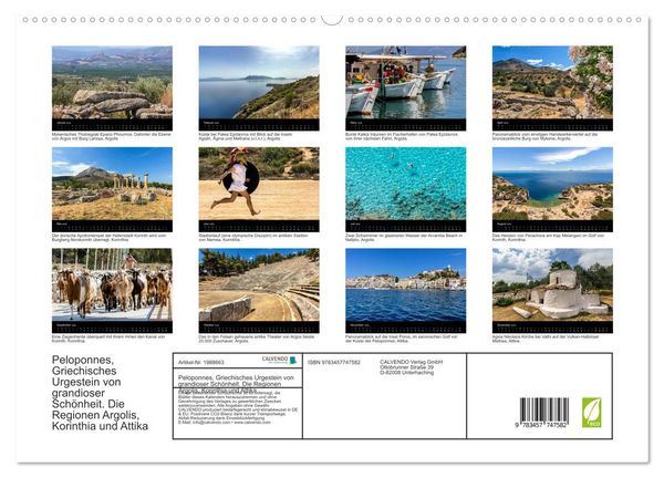 Produktbild: Peloponnes, Griechisches Urgestein von grandioser Sch&ouml;nheit. Die Regionen Argolis, Korinthia und Attika (hochwertiger Premium Wandkalender 2026 DIN A2 quer), Kunstdruck in Hochglanz