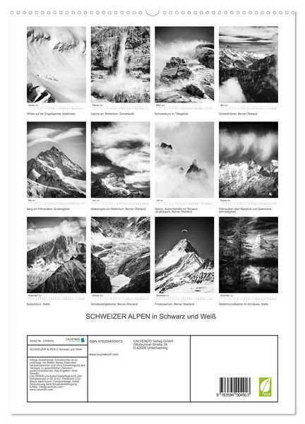 Produktbild: SCHWEIZER ALPEN in Schwarz und Wei&szlig; (hochwertiger Premium Wandkalender 2027 DIN A2 hoch), Kunstdruck in Hochglanz