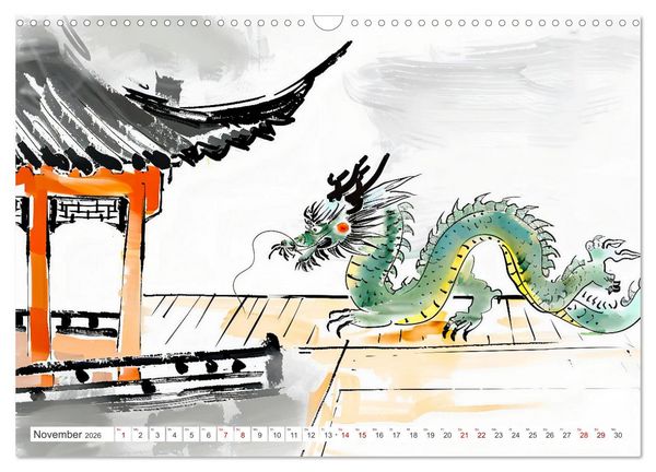 Produktbild: Fernost Impressionen - Tempel und Landschaften in KI-Tuschekunst (Wandkalender 2026 DIN A3 quer), CALVENDO Monatskalender