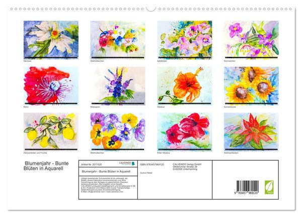 Produktbild: Blumenjahr - Bunte Bl&uuml;ten in Aquarell (hochwertiger Premium Wandkalender 2026 DIN A2 quer), Kunstdruck in Hochglanz