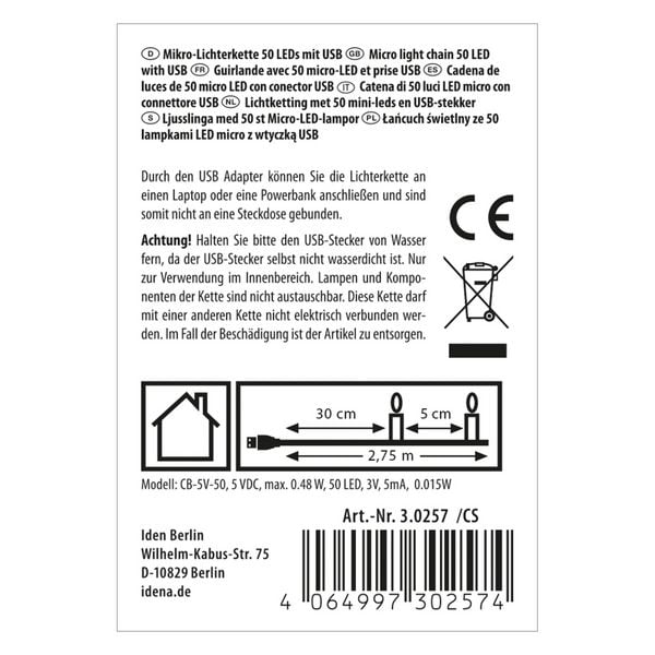 Produktbild: Idena Lichterkette 50 Micro LED warmwei&szlig; mit USB 2,75m
