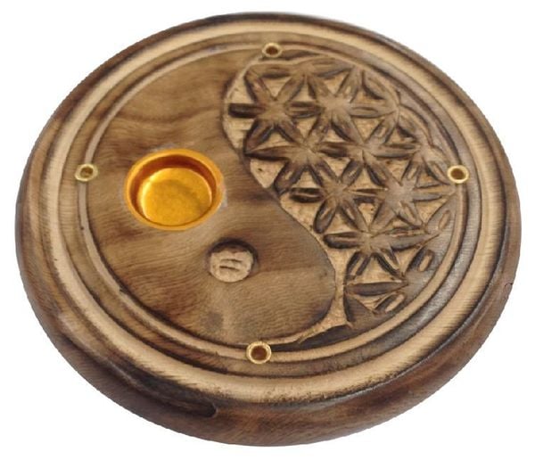 Produktbild: Yin Yang - Blume des Lebens Holz rund 10 cm, R&auml;ucherst&auml;bchenhalter
