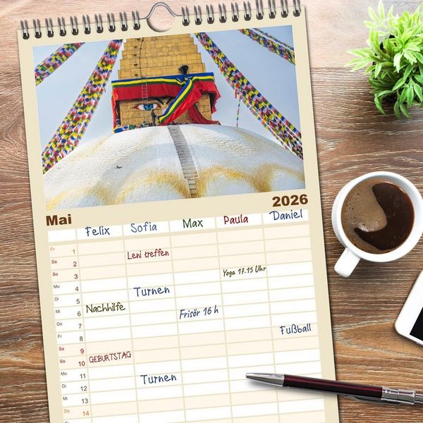 Produktbild: Familienplaner 2026 - K&ouml;nigsst&auml;tte im Kathmandutal mit 5 Spalten (Wandkalender, 21 x 45 cm) CALVENDO