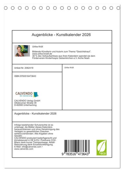 Produktbild: Augenblicke - Kunstkalender 2026 (Tischkalender 2026 DIN A5 hoch), CALVENDO Monatskalender