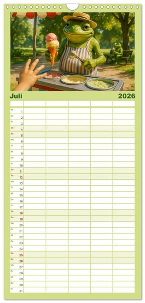 Produktbild: Familienplaner 2026 - Frosch bei der Arbeit- Dienst nach Vorschrift mit 5 Spalten (Wandkalender, 21 x 45 cm) CALVENDO