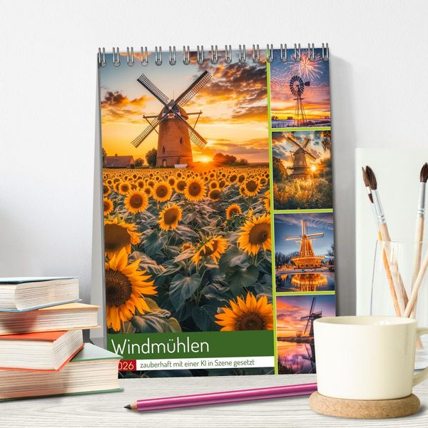 Produktbild: Windm&uuml;hlen - Zauberhaft mit einer KI in Szene gesetzt (Tischkalender 2026 DIN A5 hoch), CALVENDO Monatskalender