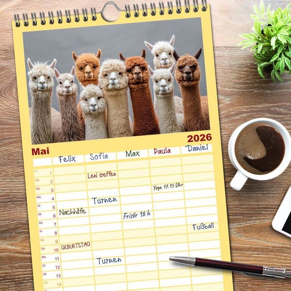 Produktbild: Familienplaner 2026 - Die Welt der Alpakas mit 5 Spalten (Wandkalender, 21 x 45 cm) CALVENDO