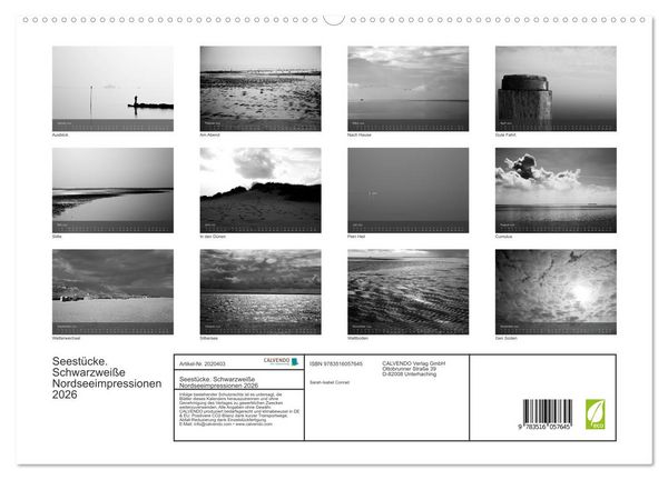 Produktbild: Seest&uuml;cke. Schwarzwei&szlig;e Nordseeimpressionen 2026 (hochwertiger Premium Wandkalender 2026 DIN A2 quer), Kunstdruck in Hochglanz