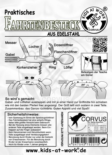 Produktbild: Corvus A750221 - Kids at Work, Fahrtenbesteck mit G&uuml;rteltasche, Besteck f&uuml;r unterwegs, Edelstahl, Klappbesteck