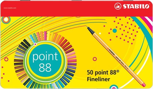 Produktbild: STABILO Fineliner -   point 88 - 50er Metalletui - mit 47 verschiedenen Farben - 2x blau, rot, schwarz