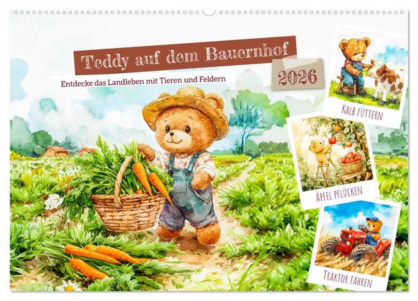 Teddy auf dem Bauernhof - Entdecke das Landleben mit Tieren und Feldern (Wandkalender 2026 DIN A2 quer), CALVENDO Monatskalender