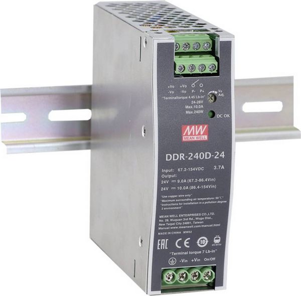 Produktbild: MEAN WELL DDR-240D-24 Hutschienen-DC/DC-Wandler (DIN-Rail) 24 V/DC 10 A 240 W Anzahl Ausg&auml;nge:1 x Inhalt 1 St.