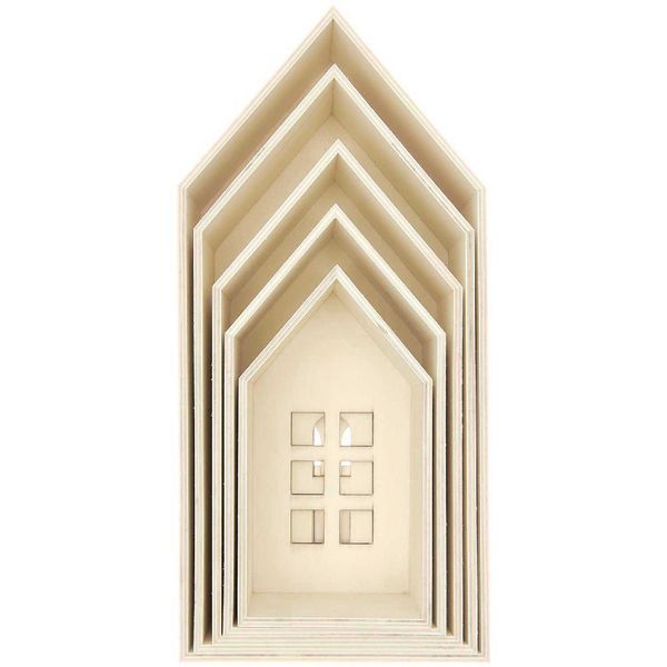 Produktbild: 5er Set Holz-Deko-H&auml;user aus Holz mit Fenstern,