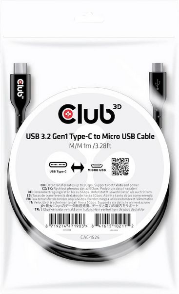 Produktbild: Club3D USB-Kabel USB 3.2 Gen1 USB-C&reg; Stecker, USB-Micro-B Stecker 1.00m Schwarz CAC-1526