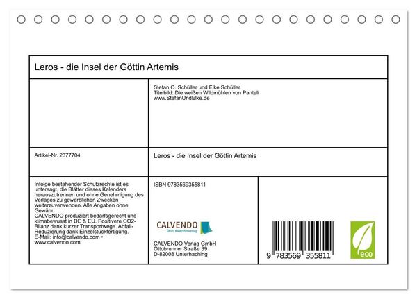 Produktbild: Leros - die Insel der G&ouml;ttin Artemis (Tischkalender 2027 DIN A5 quer), CALVENDO Monatskalender