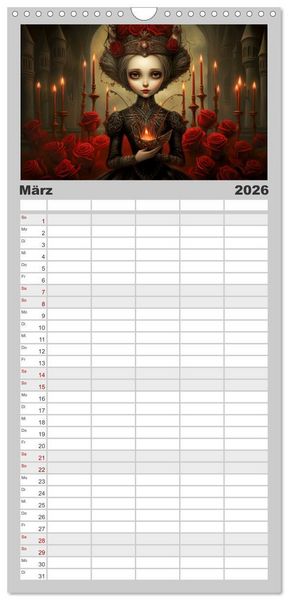 Produktbild: Familienplaner 2026 - Little Gothic Queens. Surrealistische Illustrationen mit 5 Spalten (Wandkalender, 21 x 45 cm) CALVENDO