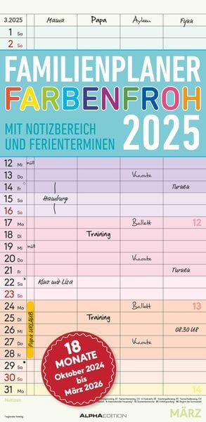 Familienplaner Farbenfroh mit 4 Spalten für 18 Monate 2025 - Familien-Timer 22x4